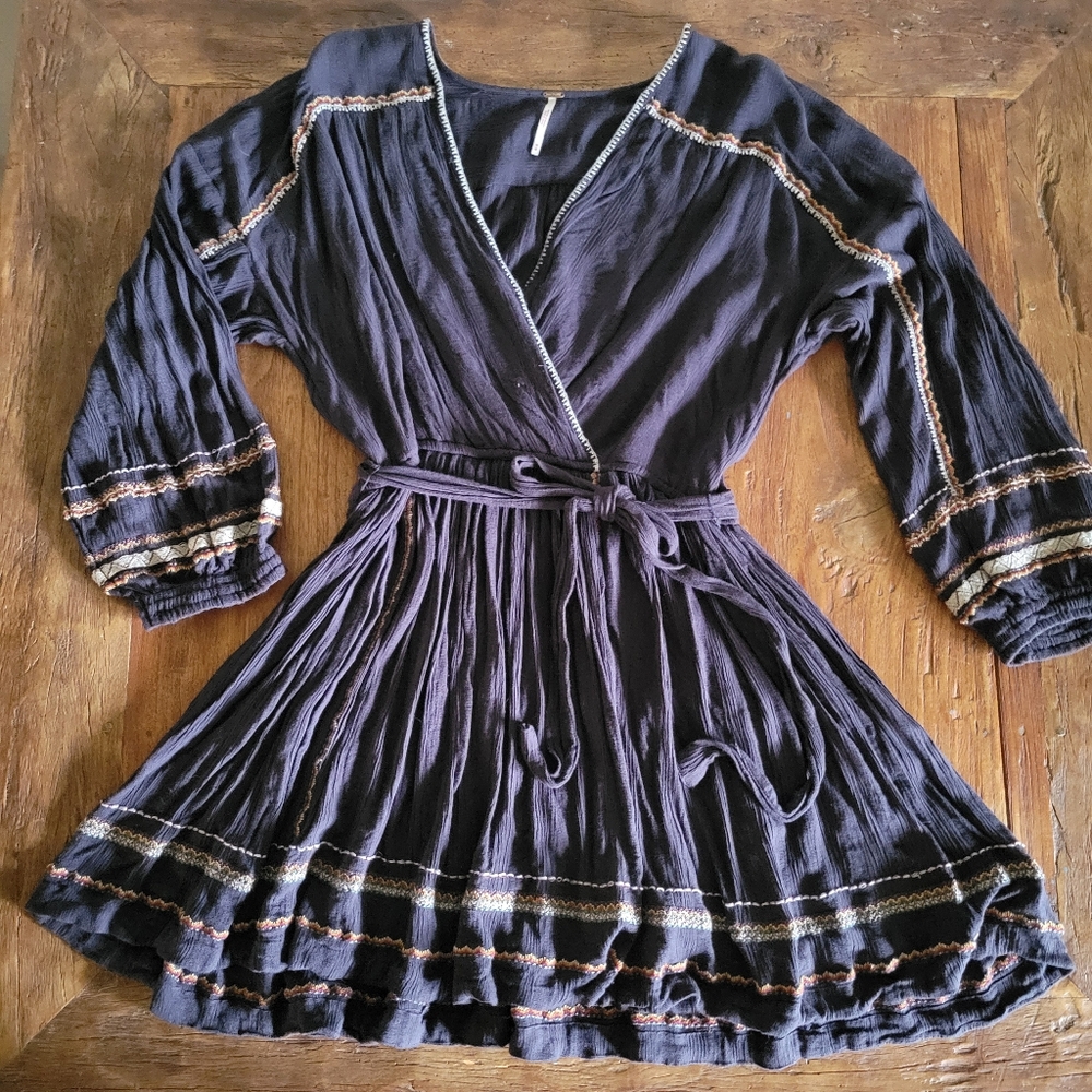 Free People Delilah Embroidered Minidress in Midnight Blue